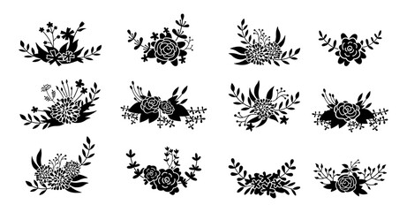 Floral composition set, flower branch black glyph. Abstract silhouette beautiful floral design elements. Flat cartoon eco collection. Engravings isolated flowers. Vector illustration