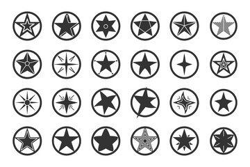 Star black in circle icon set. Abstract template different shape stars. Empty starry sign design logo. Silhouette classic rank reward in game or web site premium rating Isolated vector illustration