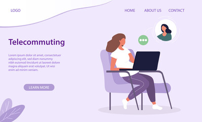 Telecommuting or Work From Home concept with a young woman sitting working online on a laptop computer, colored vector illustration