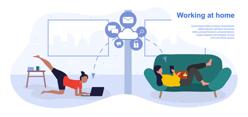 Working at Home concept with online communication between two female business colleagues using digital devices, colored vector illustration