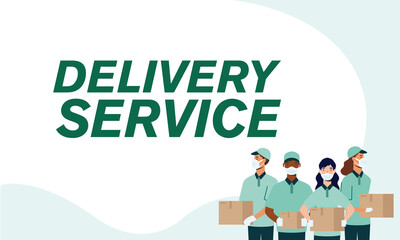Delivery men and women with masks and boxes vector design