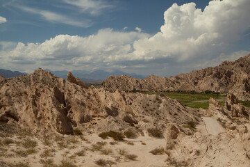 Arid desert landscape. Panorama view of Quebrada de las Flechas sharp rocky formations in Salta, Argentina. 