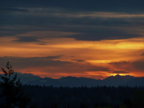 Silhouette of the Northwest Cascade Range and evergreen forest with dark and orange sky in the twilight hours.