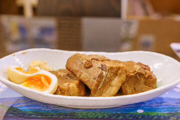 Kakuni, Japanese Stewed Marinated pork belly in sweet soy sauce with egg.