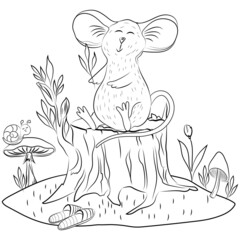 Coloring page, coloring book. Black fine art cute cartoon mouse. Hand drawn vector illustration isolated on white. Line art, fantasy fairytale concept. Book illustration