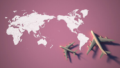 3d rendering of world map with airplane 