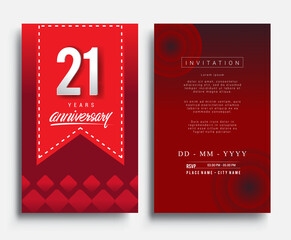 21st Years Anniversary Invitation/Greeting Card with Flat Design and Elegant, Isolated on Red Background. Vector illustration.