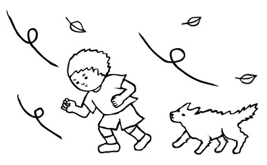 向かい風の中を歩く犬と少年