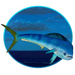 A mahi mahi fish with a sky blue background circle