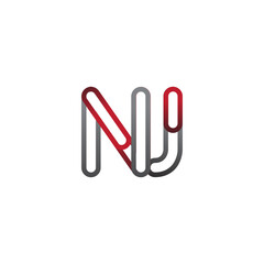 initial logo letter NJ, linked outline red and grey colored, rounded logotype