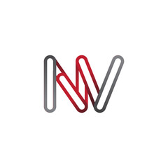 initial logo letter NV, linked outline red and grey colored, rounded logotype