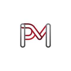 initial logo letter PM, linked outline red and grey colored, rounded logotype