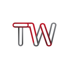 initial logo letter TW, linked outline red and grey colored, rounded logotype