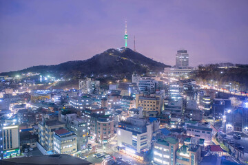 Cityscape night view of Seoul and Namsan Seoul Tower, South Korea
