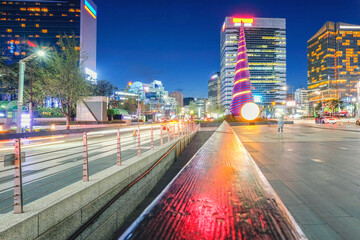 Nigth view of Shell pagoda monument near Cheonggyecheon canal. The famous landmark of Seoul City.
