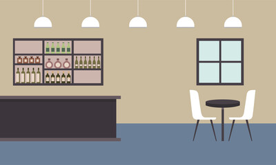 Restaurant table and bar with bottles shelf vector design