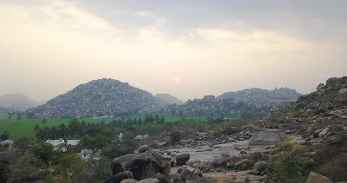 Hills Of Rocks In Hampi, India - low aerial
