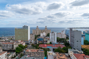 Fototapeta na wymiar Aerial views of Havana, Cuba. Skyline cityscape with view of ocean and malecon coast. 