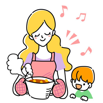 料理の入った鍋を持っている女性と子ども