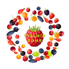 Circular frame of berries collection background: cherry, rosehip, strawberry, acai, raspberry, cranberry, blueberry, goji, blackberry, currant, honeysuckle. Vector illustration flat icon set poster.