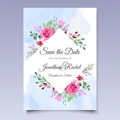 Fototapeta na wymiar Watercolor wedding invitation floral and leaves card template