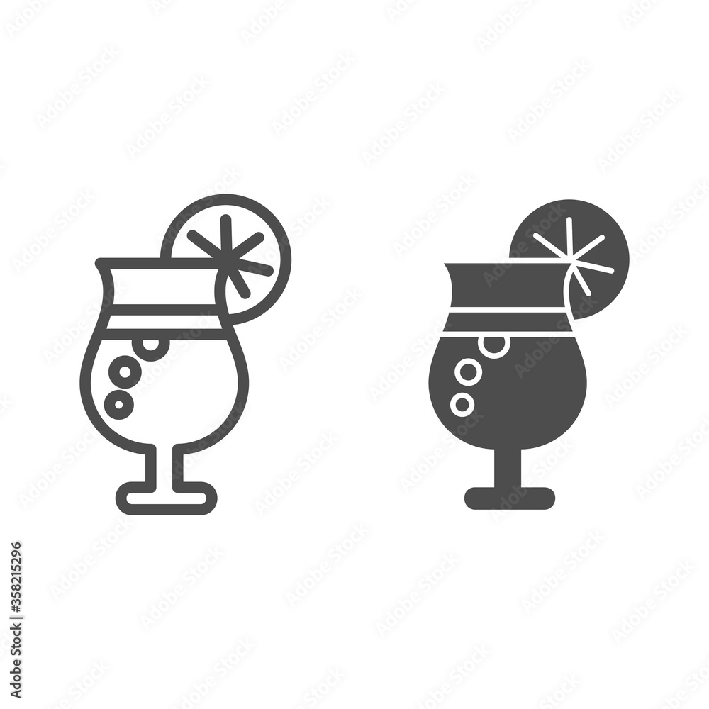 Poster glass of lemonade line and solid icon, summer concept, glass with drink and citrus slice sign on whi