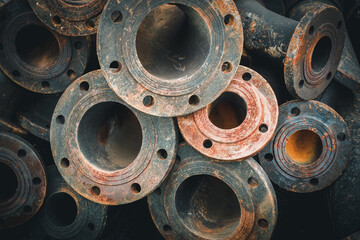 Sewage Steel Fitting Pipe for Drainage System, Liquid Sewer Drain Pipeline Fittings Storage in Construction Site for Factory. Underground Metal Culvert for Industrial Drained, Construction Objects