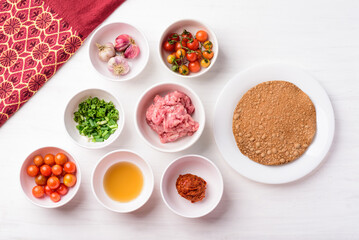 Thai food ingredients and recipes, Northern Thai food (Nam Prik Ong), spicy chili minced pork with tomatoes, Thai chili paste