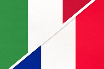 Italy and France, symbol of two national flags from textile. Championship between two European countries.