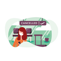 Woman with medical mask and cancelled flight board vector design