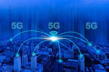 The 5G network graphic show hi technology signal diagram with building business city background show skyline communication network concept.