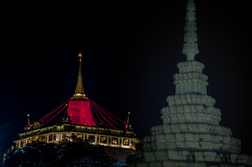 Bangkok, Thailand - 07 Nov. 2019 : Nighttime of Beautiful wat saket ratchaworamahawiharn (the golden mount), Here It is the most tourist destination landmark in Phra Nakhon district. Selective focus.