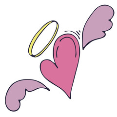 vector pink heart with wings and halo and violet outline, vector element