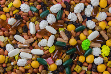 Multi-colored pills mixed with different nuts, the concept of folk medicine, close-up.