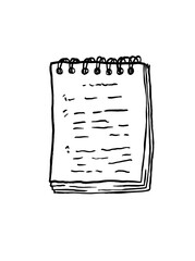 Notepad drawn with a brush and ink. Black and white sketch of a notebook with notes.