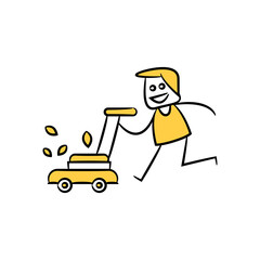 gardener running with a lawn mower and cutting grass yellow doodle theme