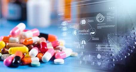 Colorful pills and tablets with medical illustration