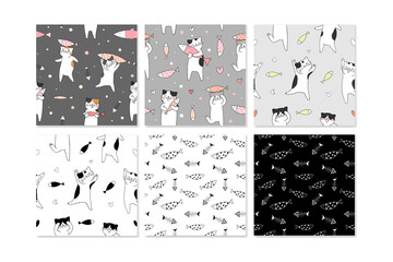 Draw collection seamless pattern background cute cat.