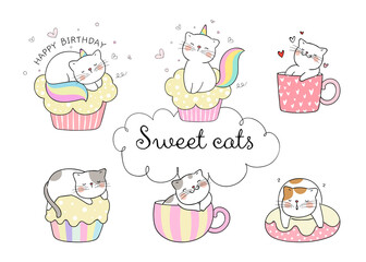 Draw collection sweet cat on white color.