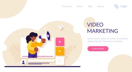 Social video marketing concept. Online advertisement, internet promotion, digital ad or promo. Woman holding bullhorn or megaphone in multimedia player window. Modern flat illustration.