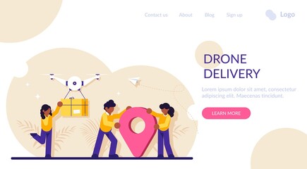 Fototapeta premium Drone delivery service concept. Innovative technology in parcel shipment. Girl receives parcel near pin sign. Modern flat illustration.