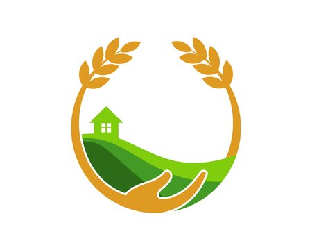 circle wheat and hand with farm house inside