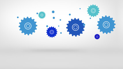 Closeup on slowly rotating blue gears over white bckground.