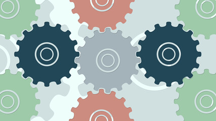 2d cartoon illustration of modern moving gears icons forming colorful pattern over white background.