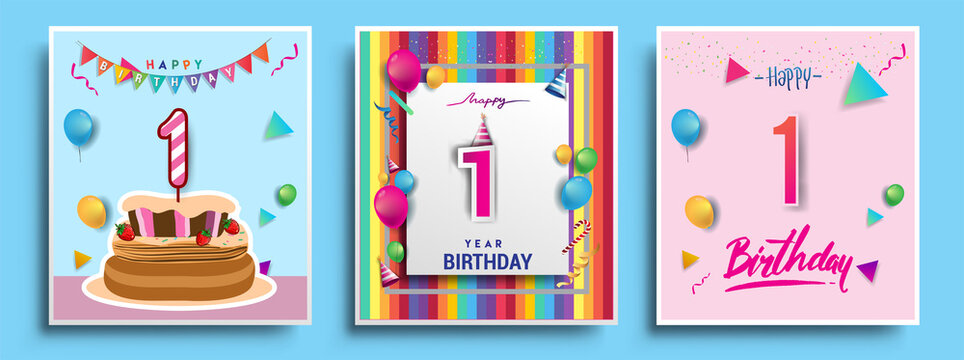 Vector Sets Of 1st Years Birthday Invitation, Greeting Card Design, With Confetti And Balloons, Birthday Cake, Colorful Vector Template Elements For Your Birthday Celebration Party.