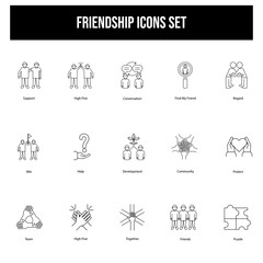 Black Outline Friendship Icon Set in Flat Style.