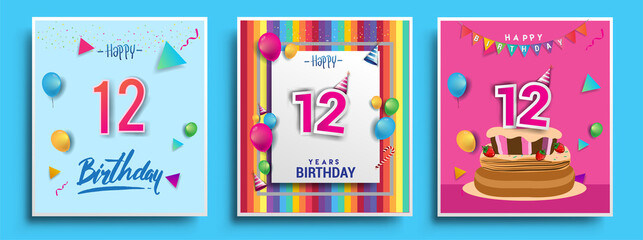 Vector Sets of 12th Years Birthday invitation, greeting card Design, with confetti and balloons, birthday cake, Colorful Vector template Elements for your Birthday Celebration Party.