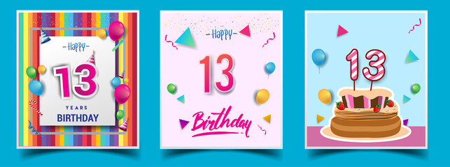 Vector Sets of 13th Years Birthday invitation, greeting card Design, with confetti and balloons, birthday cake, Colorful Vector template Elements for your Birthday Celebration Party.