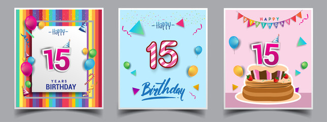 Vector Sets of 15th Years Birthday invitation, greeting card Design, with confetti and balloons, birthday cake, Colorful Vector template Elements for your Birthday Celebration Party.