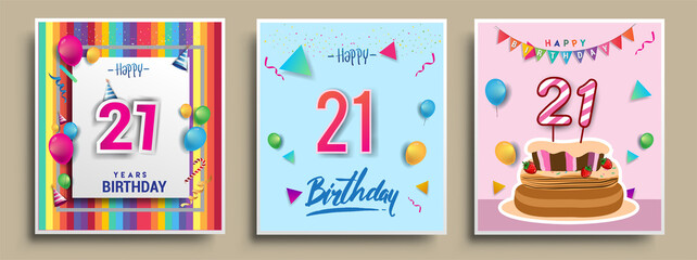 Vector Sets of 21st Years Birthday invitation, greeting card Design, with confetti and balloons, birthday cake, Colorful Vector template Elements for your Birthday Celebration Party.